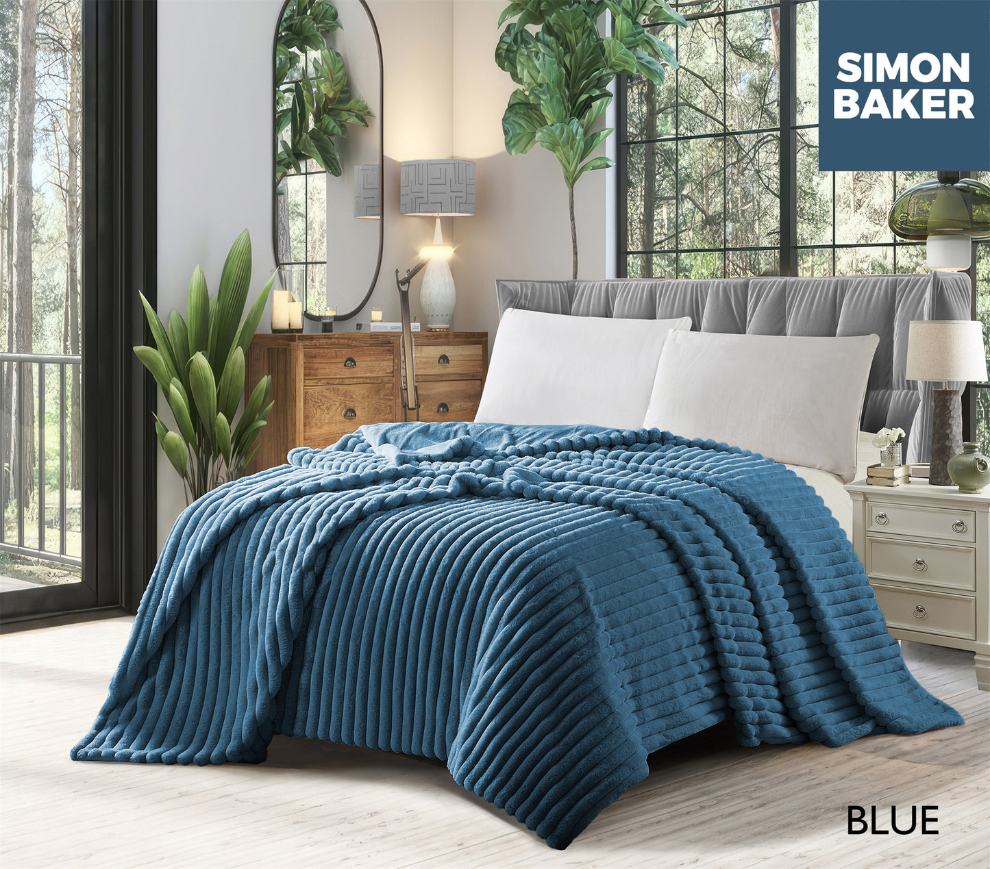 Simon Baker - Ribbed Faux Fur Blanket - Blue